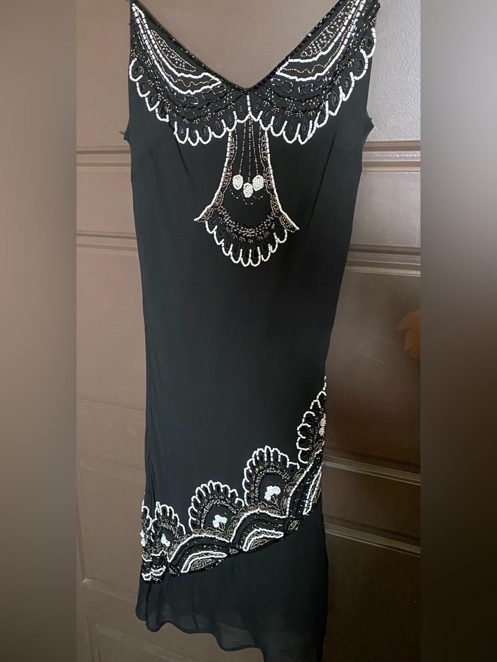 Rare Cache Black Maxi Dress with White and Silver Beaded Accents